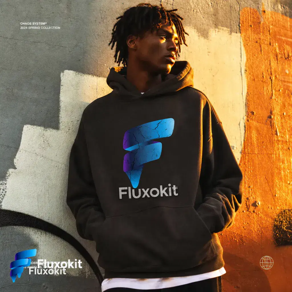Real Flux 2 Flex Edit generation: Screen-print the FluxoKit logo across the hoodie chest, worn texture