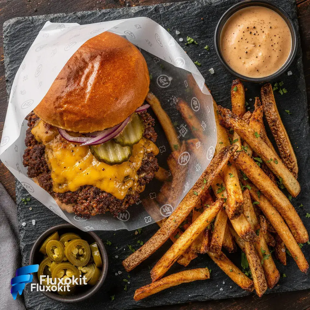 Real Flux 2 Pro Edit generation: Brand the burger's wrap paper with a repeating FluxoKit logo pattern