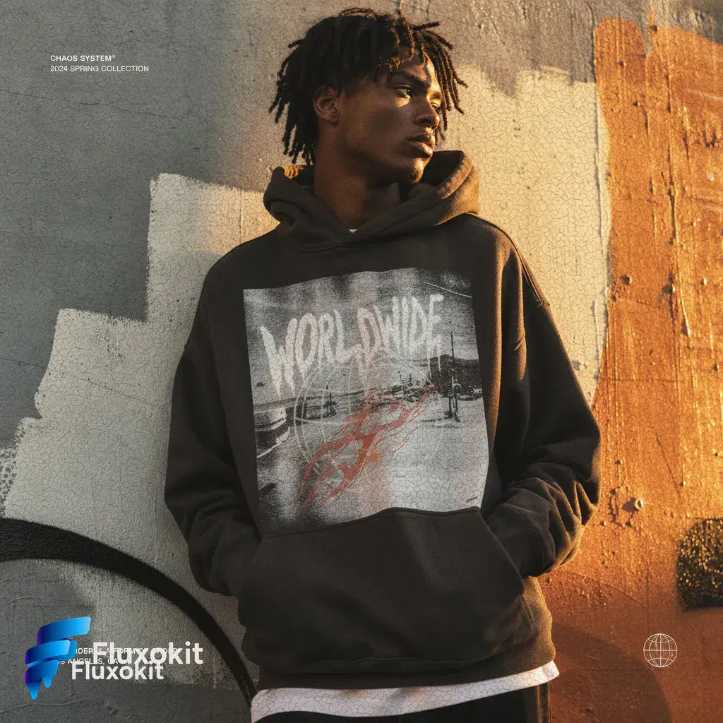 Real Flux 2 Pro Edit generation: Screen-print the FluxoKit logo across the hoodie chest, worn texture