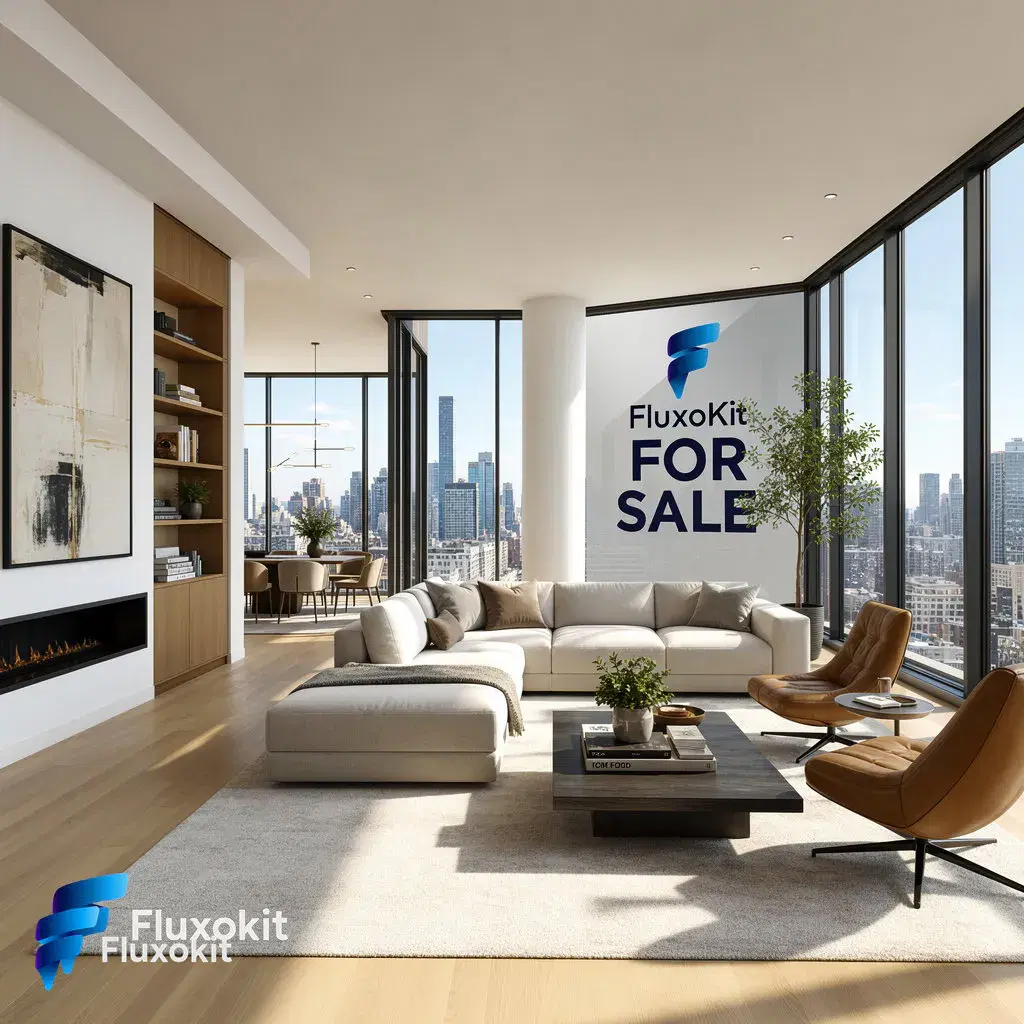 Real Flux 2 Pro Edit generation: Add a tasteful FluxoKit 'for sale' sign in the living-room window