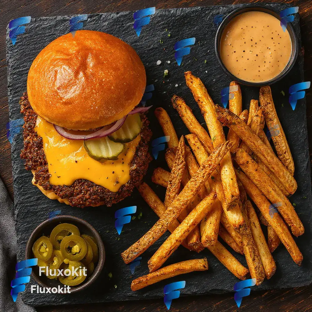 Real Flux Kontext Edit generation: Brand the burger's wrap paper with a repeating FluxoKit logo pattern