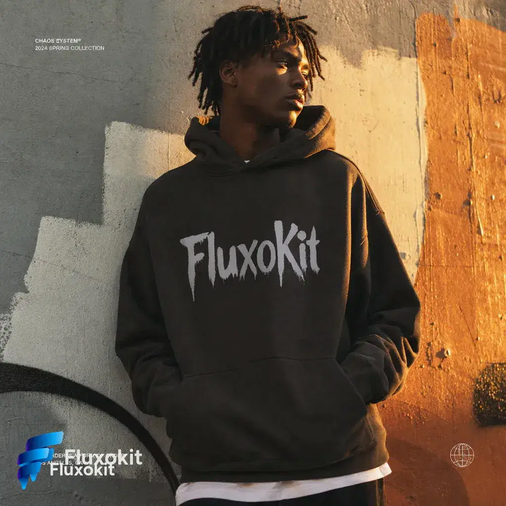 Real Flux Kontext Edit generation: Screen-print the FluxoKit logo across the hoodie chest, worn texture
