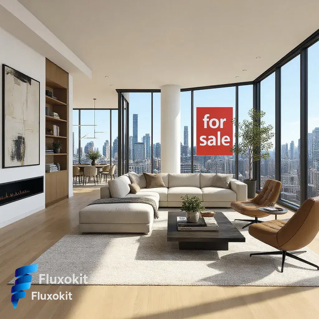 Real Flux Kontext Edit generation: Add a tasteful FluxoKit 'for sale' sign in the living-room window