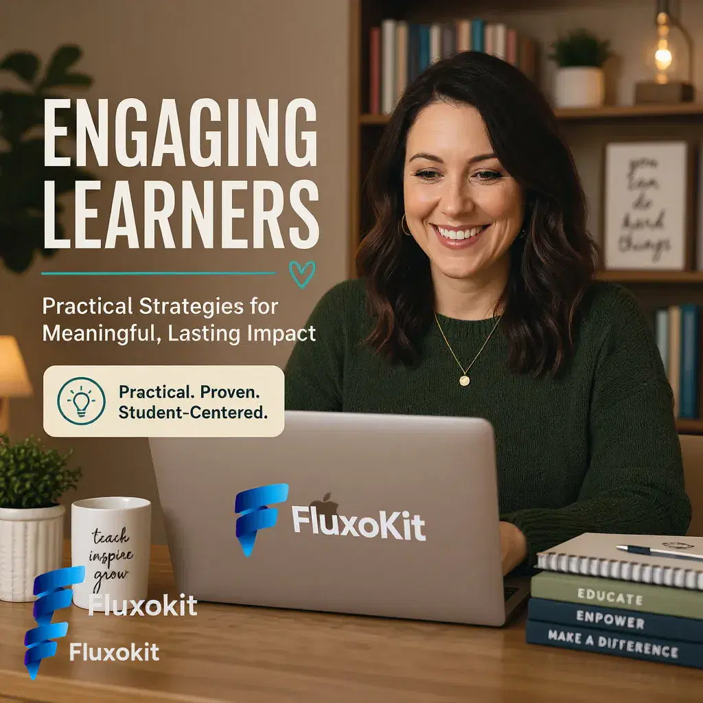 Real Flux Kontext Edit generation: Put the FluxoKit logo on the educator's laptop lid, matte finish
