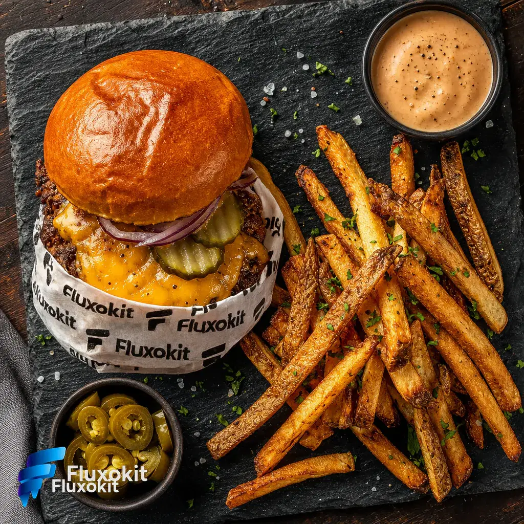 Real GPT Image-1 Edit generation: Brand the burger's wrap paper with a repeating FluxoKit logo pattern