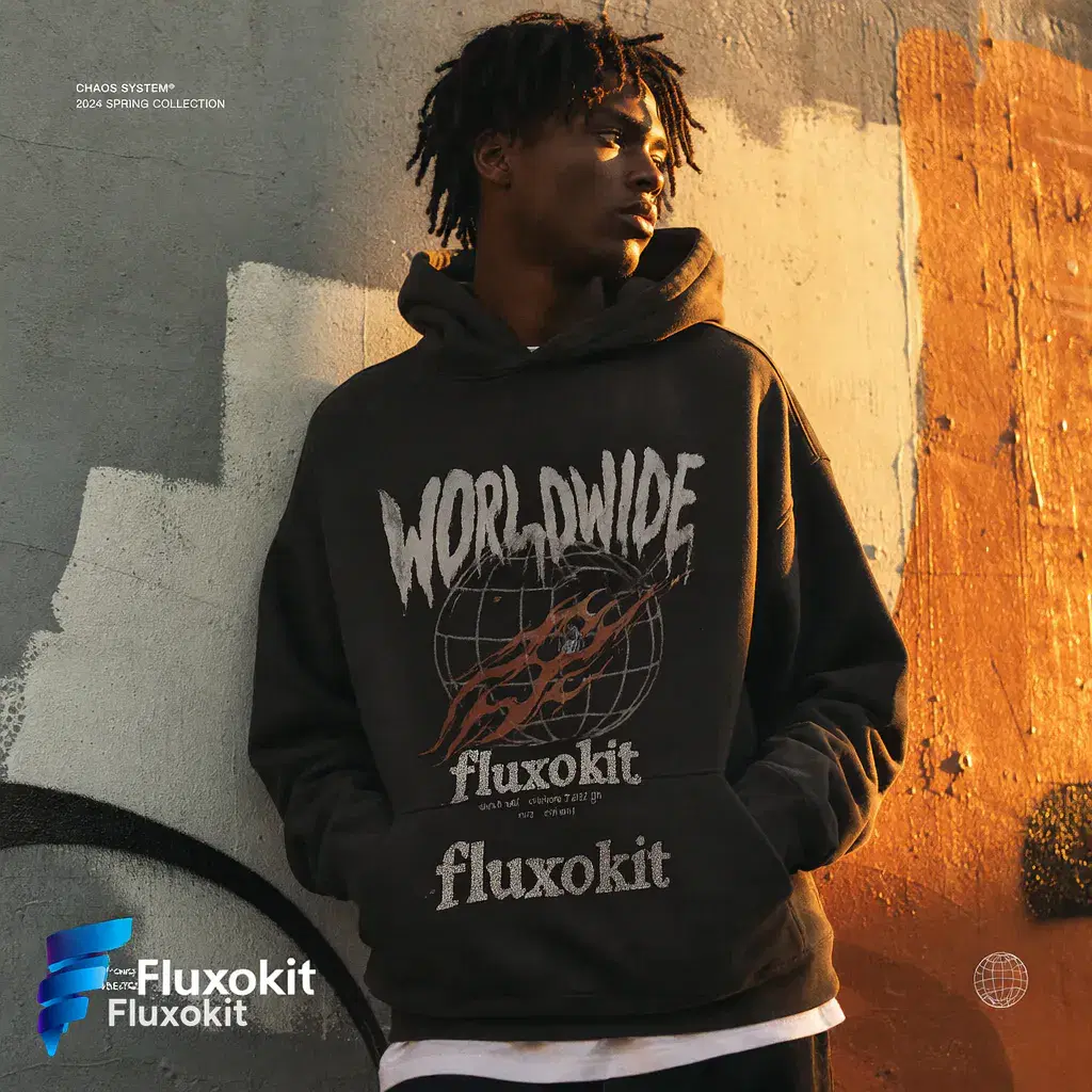 Real GPT Image-1 Edit generation: Screen-print the FluxoKit logo across the hoodie chest, worn texture