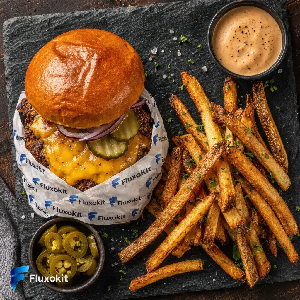 Real GPT Image-1.5 Edit generation: Brand the burger's wrap paper with a repeating FluxoKit logo pattern