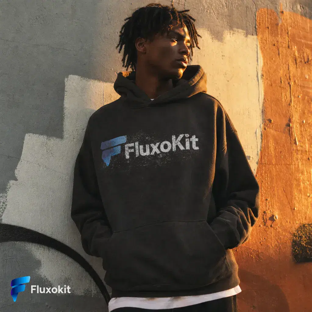 Real GPT Image-1.5 Edit generation: Screen-print the FluxoKit logo across the hoodie chest, worn texture