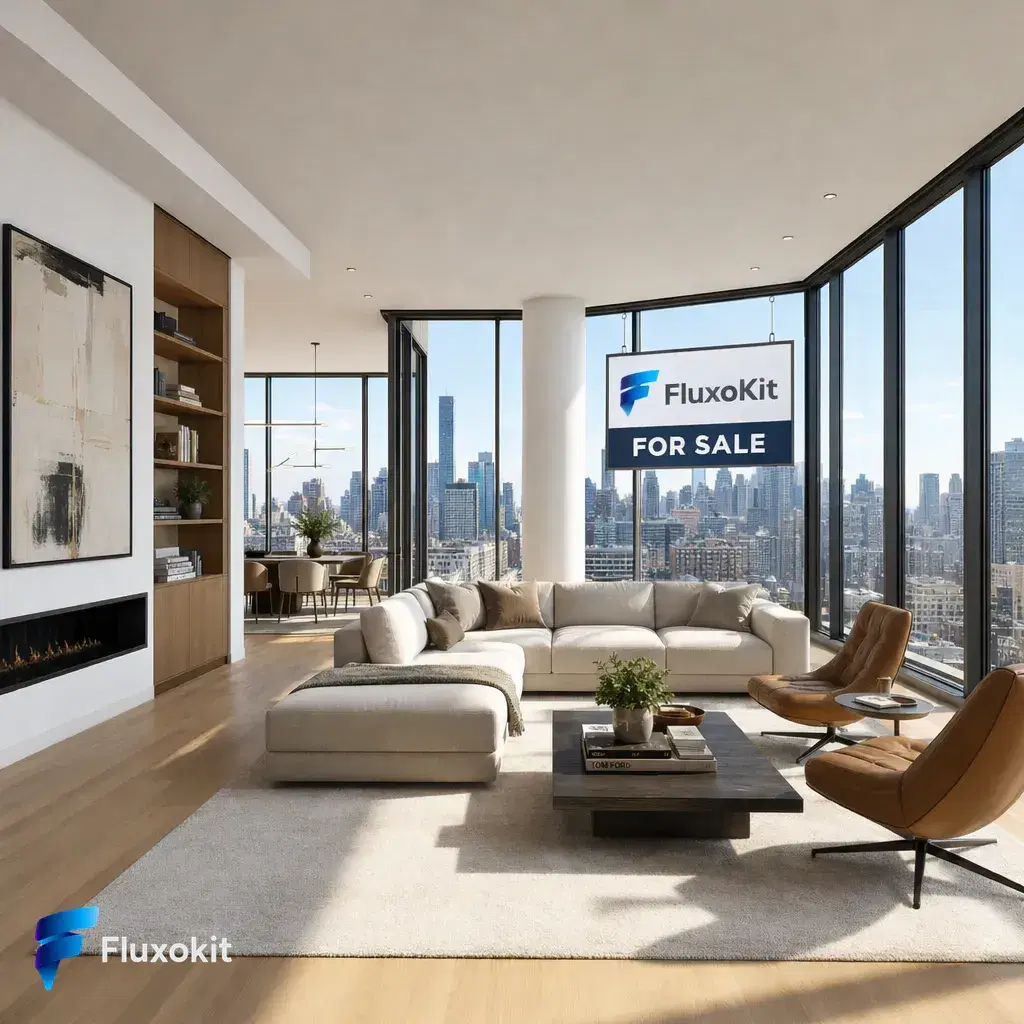 Real GPT Image-1.5 Edit generation: Add a tasteful FluxoKit 'for sale' sign in the living-room window