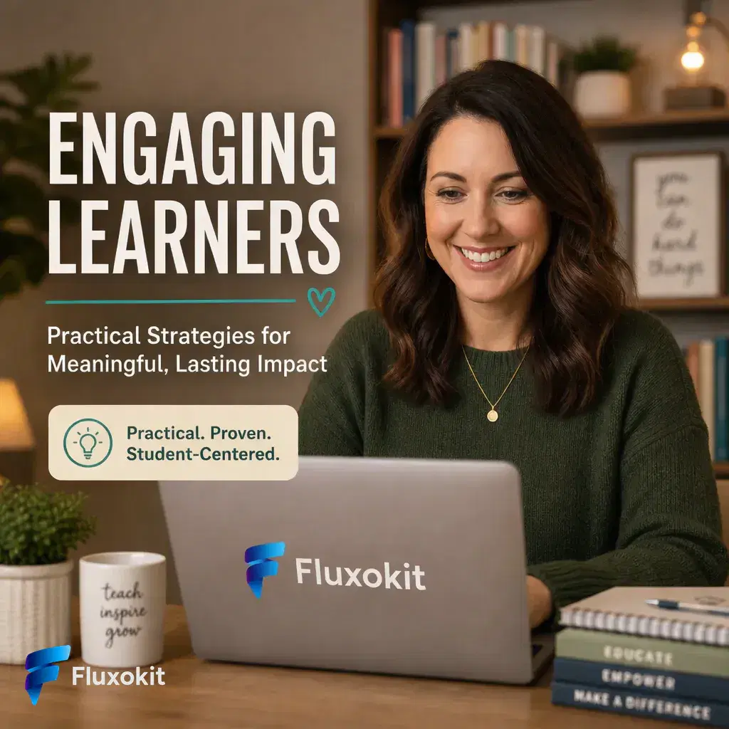 Real GPT Image-1.5 Edit generation: Put the FluxoKit logo on the educator's laptop lid, matte finish