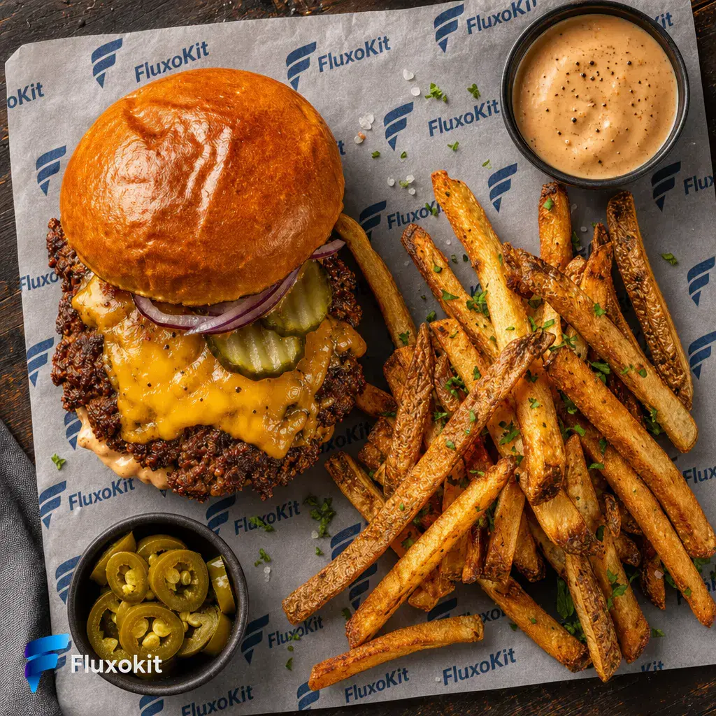 Real GPT Image-2 Edit generation: Brand the burger's wrap paper with a repeating FluxoKit logo pattern