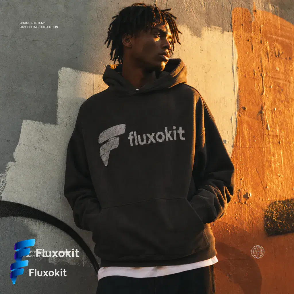Real GPT Image-2 Edit generation: Screen-print the FluxoKit logo across the hoodie chest, worn texture
