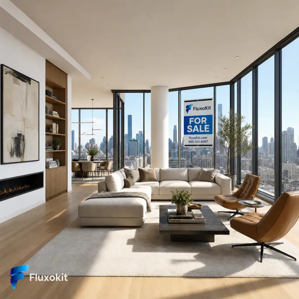 Real GPT Image-2 Edit generation: Add a tasteful FluxoKit 'for sale' sign in the living-room window