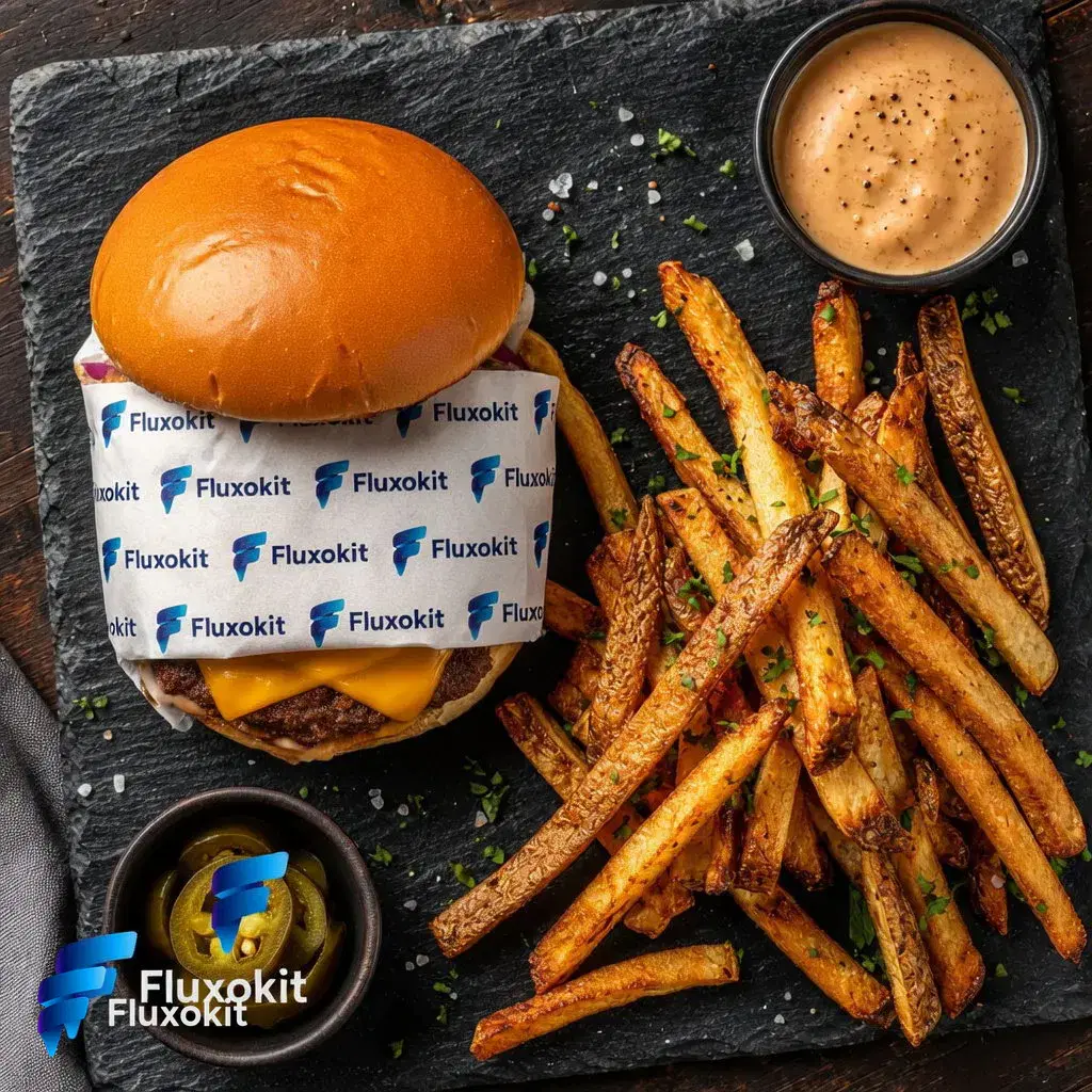 Real Grok Image Edit generation: Brand the burger's wrap paper with a repeating FluxoKit logo pattern