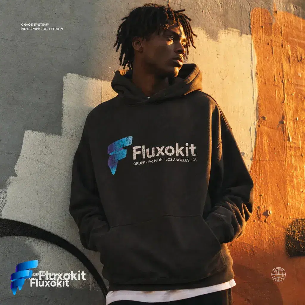 Real Grok Image Edit generation: Screen-print the FluxoKit logo across the hoodie chest, worn texture