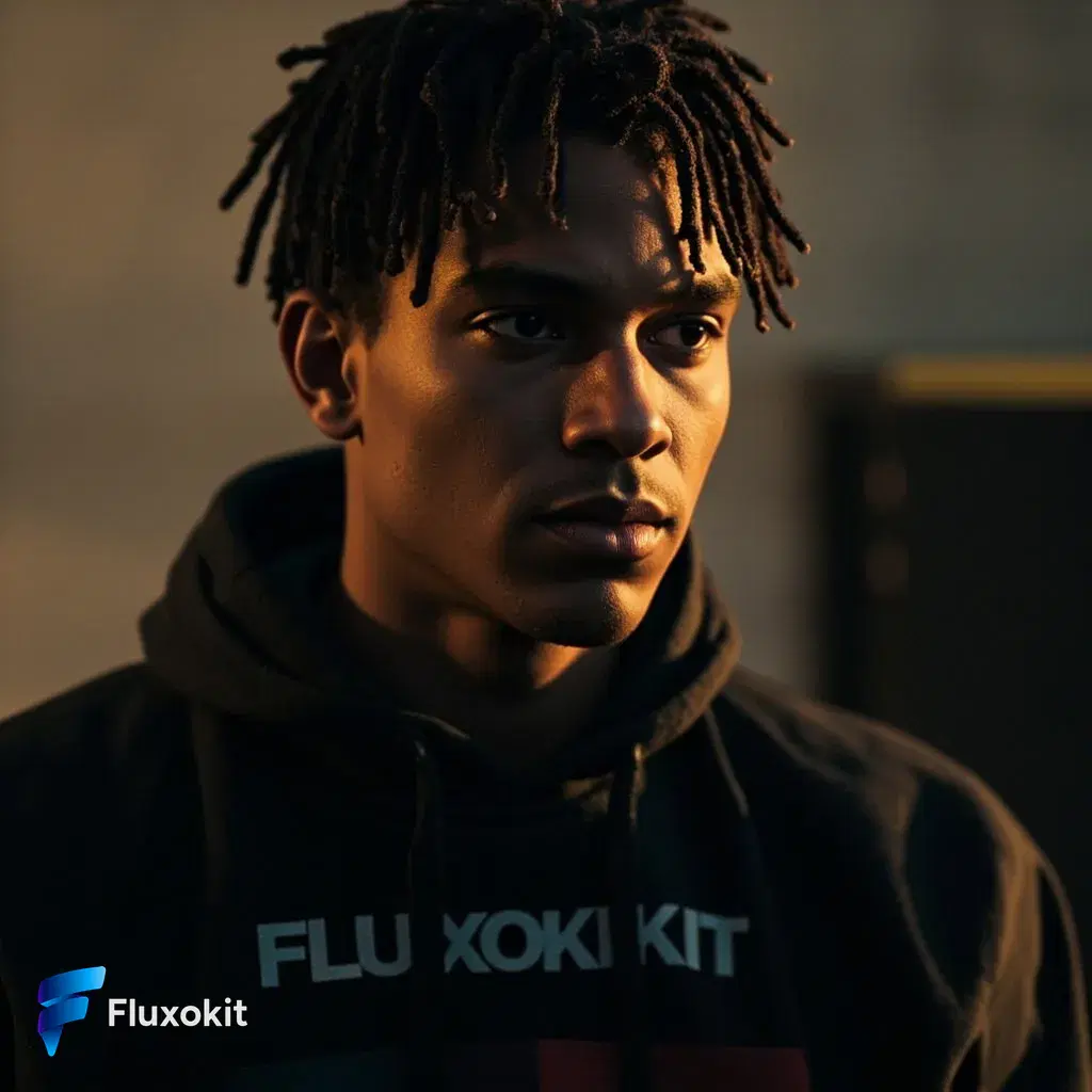 Real MiniMax Image-01 Edit generation: Screen-print the FluxoKit logo across the hoodie chest, worn texture