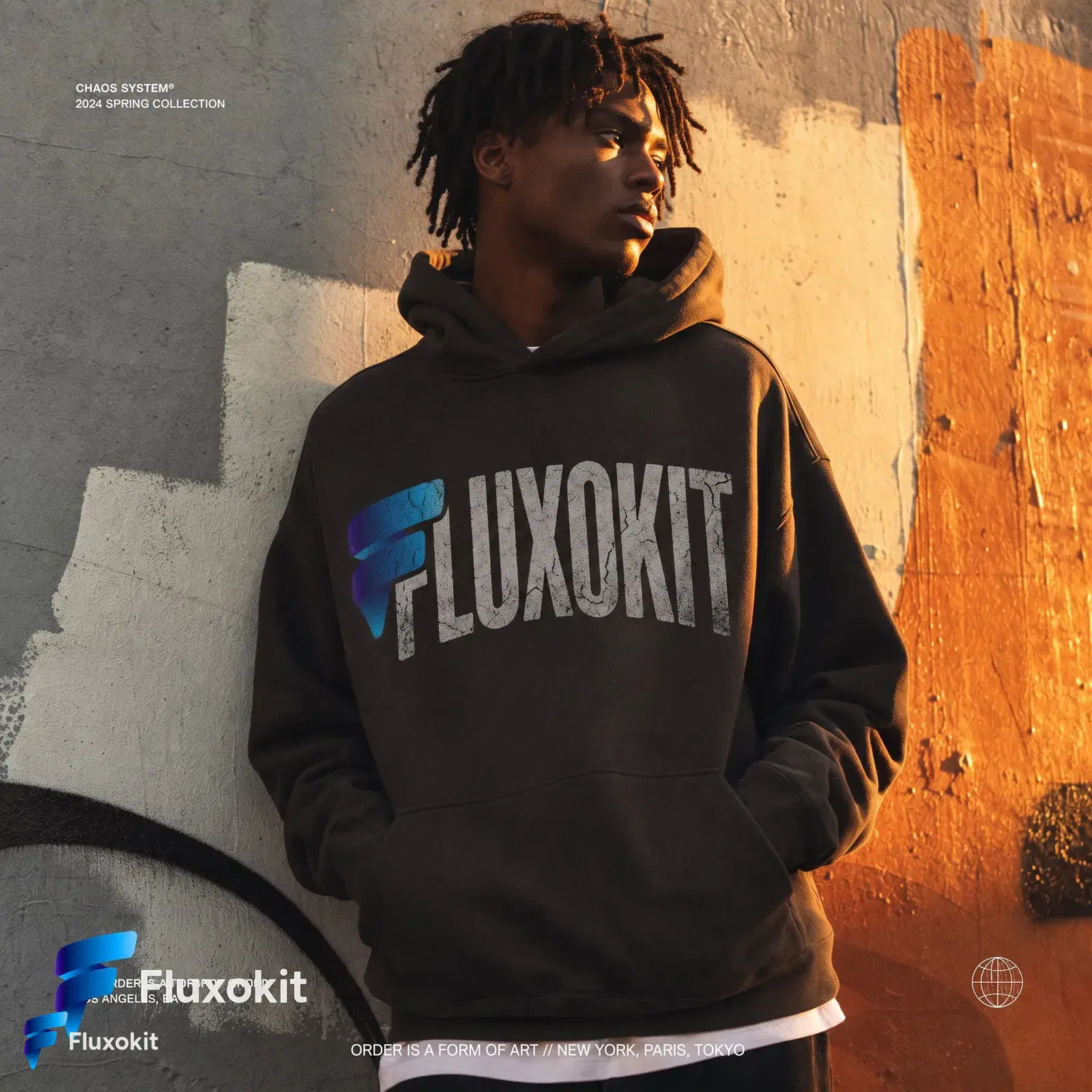 Real Nano Banana Pro 2 Edit (Gemini 3.1) generation: Screen-print the FluxoKit logo across the hoodie chest, worn texture
