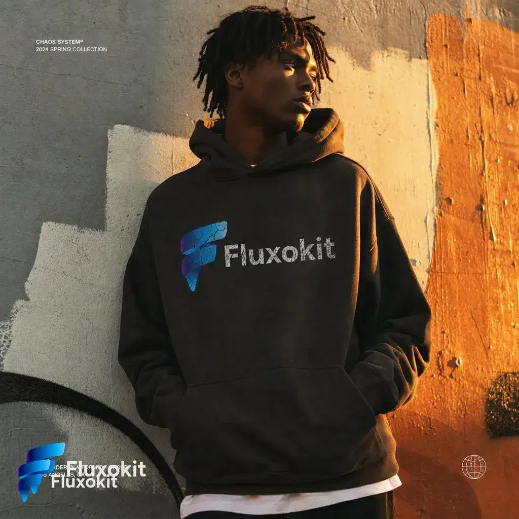 Real Nano Banana Pro Edit (Gemini 3.0) generation: Screen-print the FluxoKit logo across the hoodie chest, worn texture