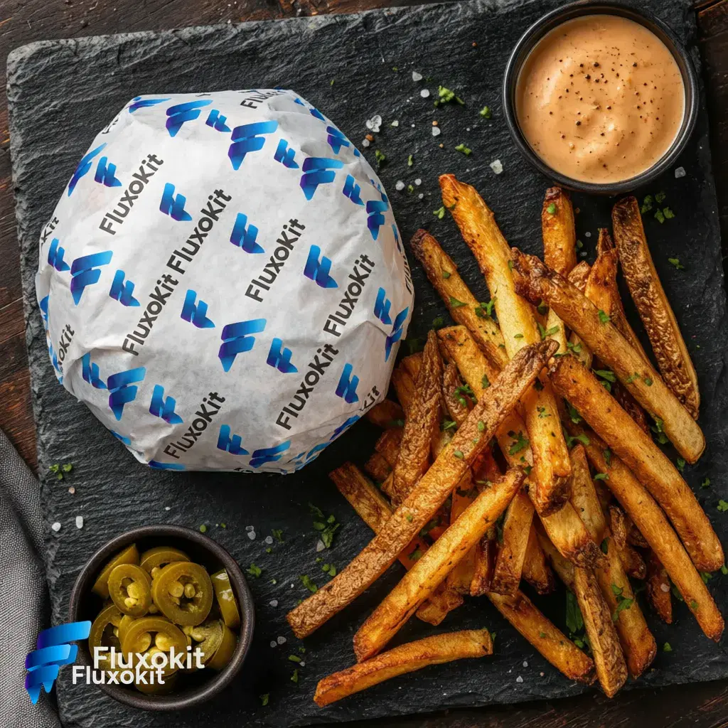 Real QWEN Image Editor 2.0 Pro generation: Brand the burger's wrap paper with a repeating FluxoKit logo pattern