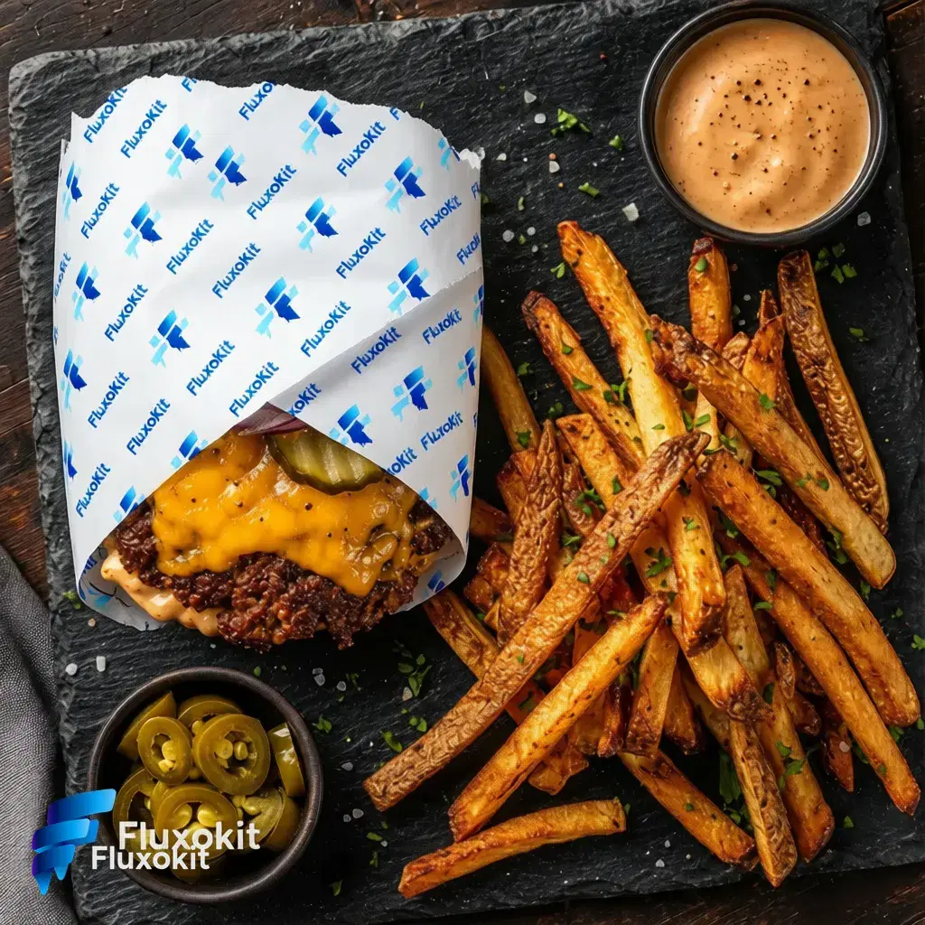 Real QWEN Image Editor Max (New) generation: Brand the burger's wrap paper with a repeating FluxoKit logo pattern