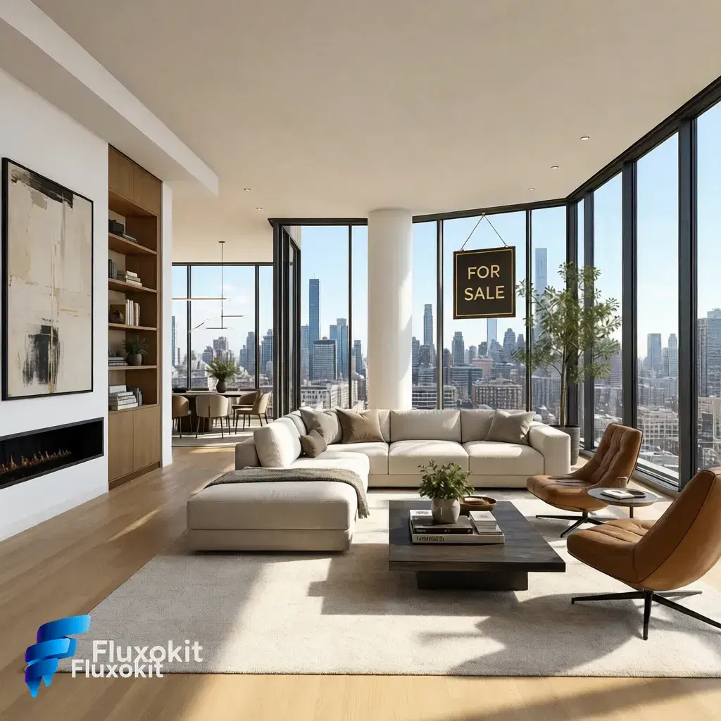 Real QWEN Image Editor Max (New) generation: Add a tasteful FluxoKit 'for sale' sign in the living-room window