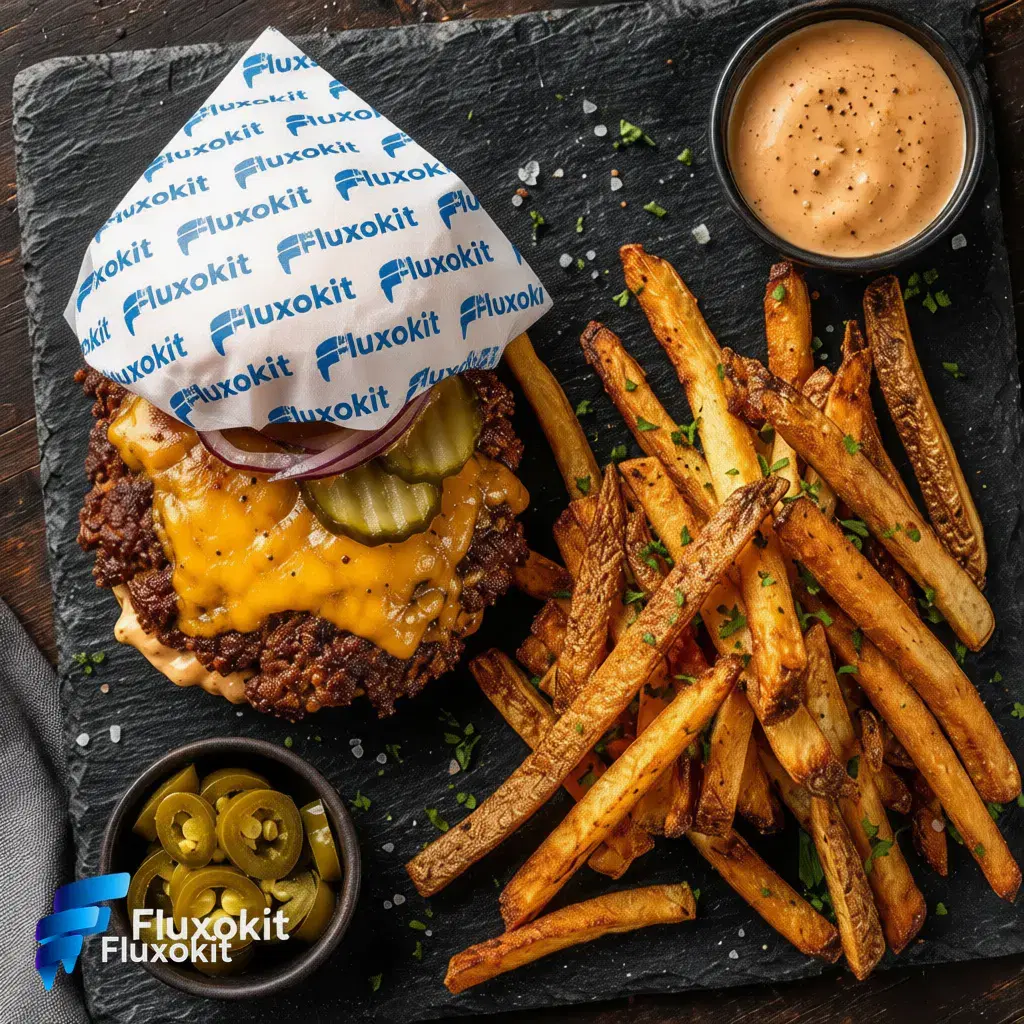 Real QWEN Image Editor Plus generation: Brand the burger's wrap paper with a repeating FluxoKit logo pattern