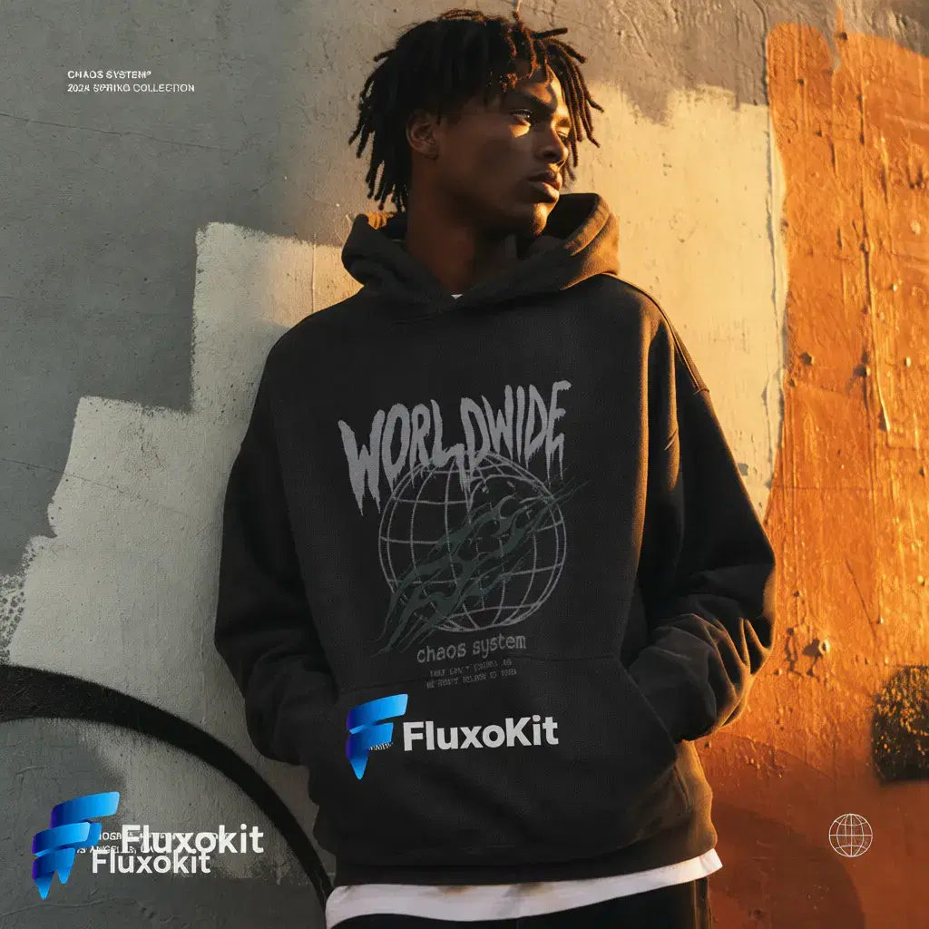 Real QWEN Image Editor Plus generation: Screen-print the FluxoKit logo across the hoodie chest, worn texture
