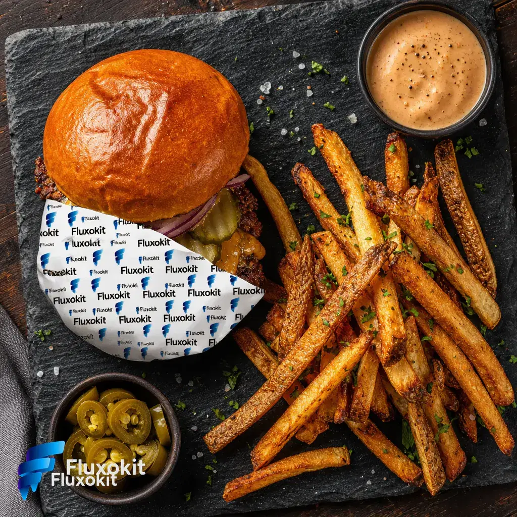 Real Reve Edit generation: Brand the burger's wrap paper with a repeating FluxoKit logo pattern