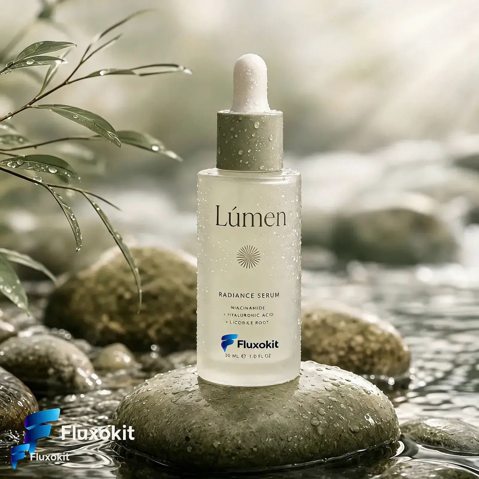 Real Seedream 5.0 Edit generation: Emboss the FluxoKit logo as a subtle foil stamp on the serum bottle label
