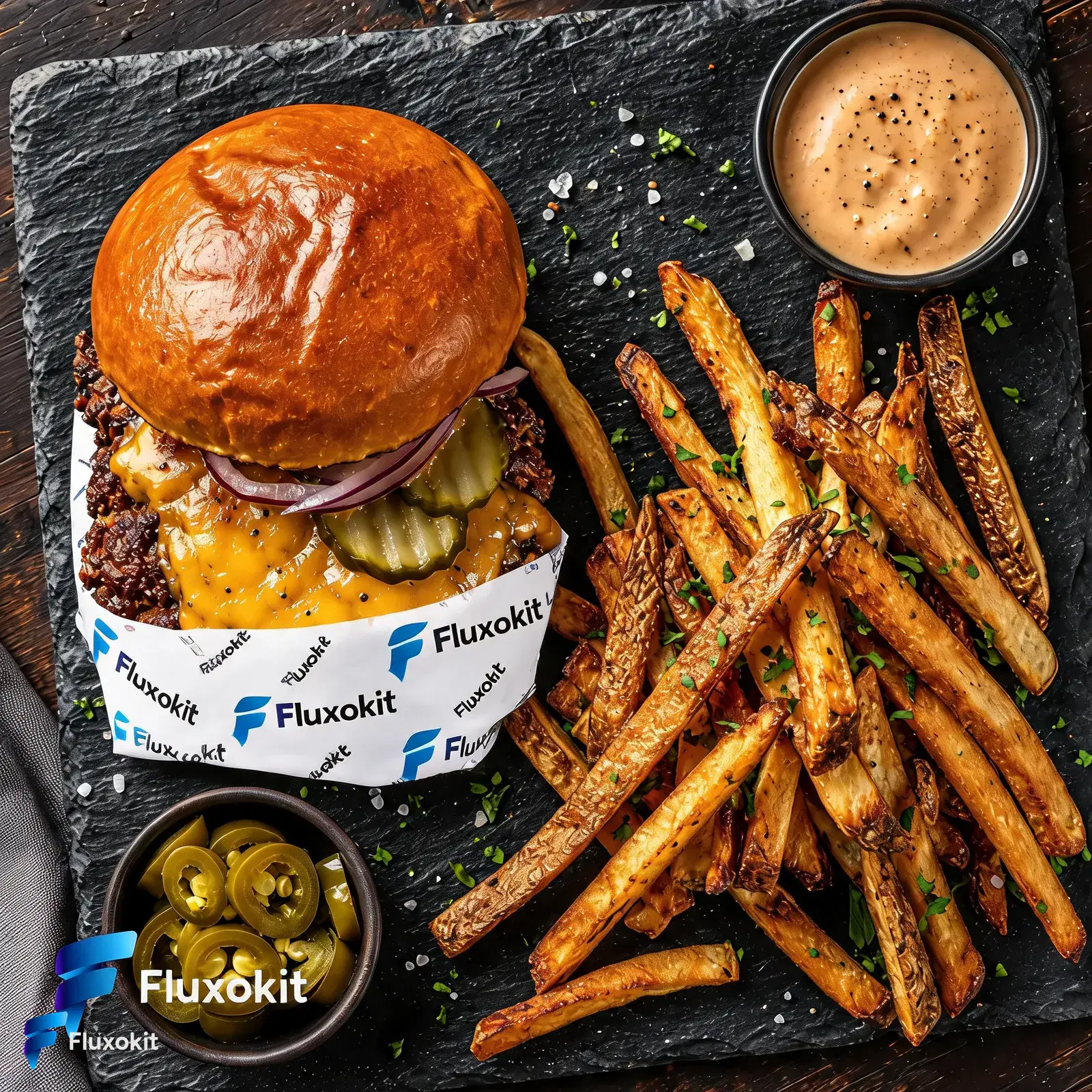 Real Seedream 5.0 Edit generation: Brand the burger's wrap paper with a repeating FluxoKit logo pattern
