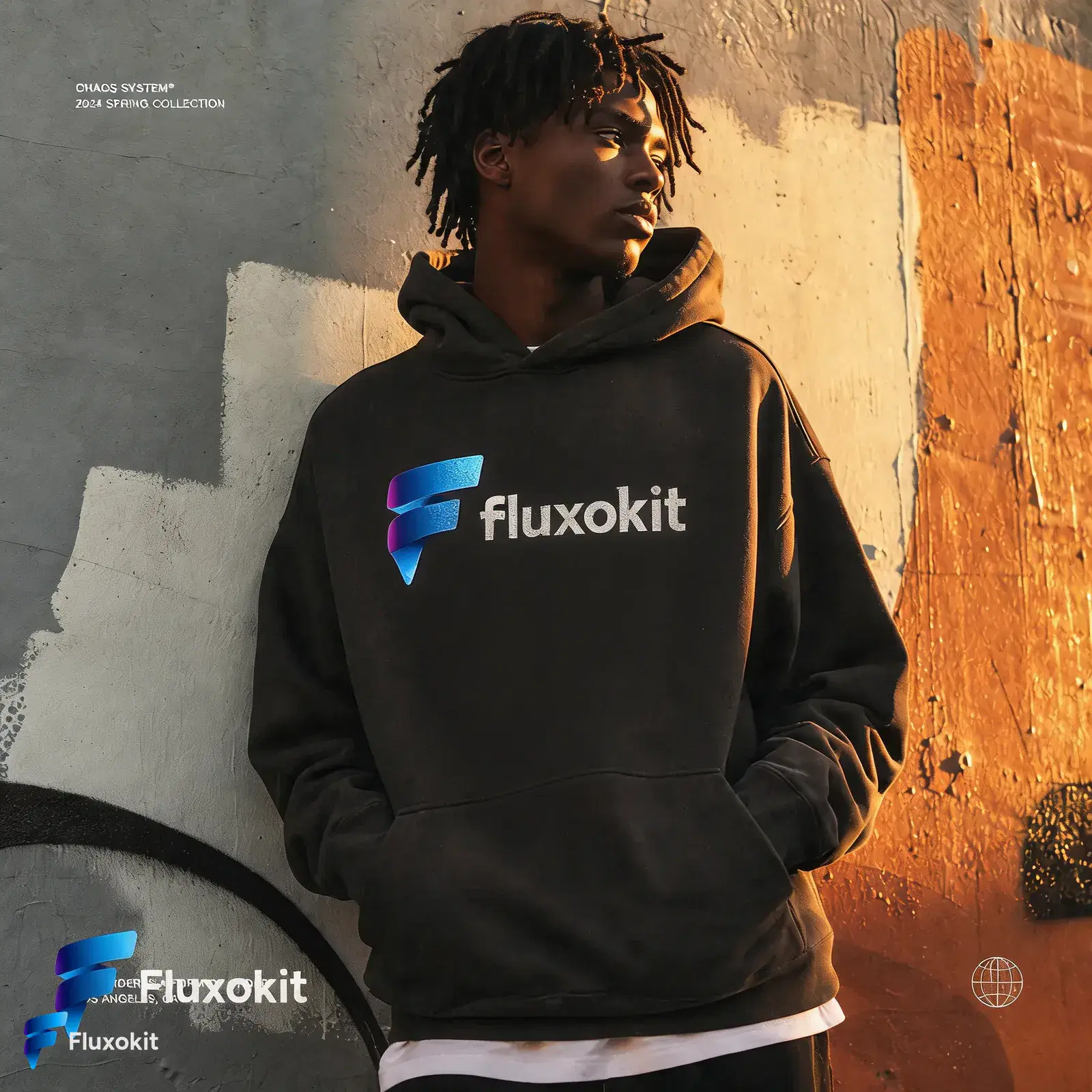 Real Seedream 5.0 Edit generation: Screen-print the FluxoKit logo across the hoodie chest, worn texture