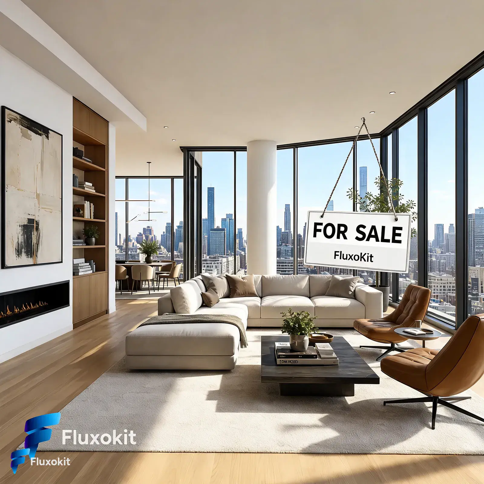 Real Seedream 5.0 Edit generation: Add a tasteful FluxoKit 'for sale' sign in the living-room window