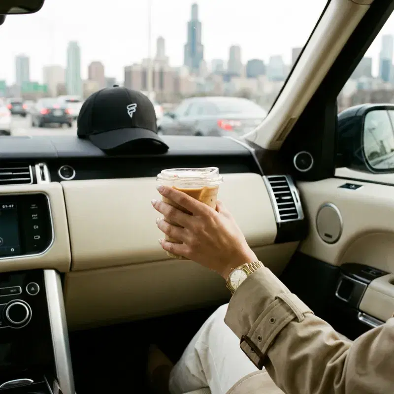 Real Nano Banana Pro Edit (Gemini 3.0) generation: Editorial lifestyle photography shot from the passenger seat of a luxury car with cream le