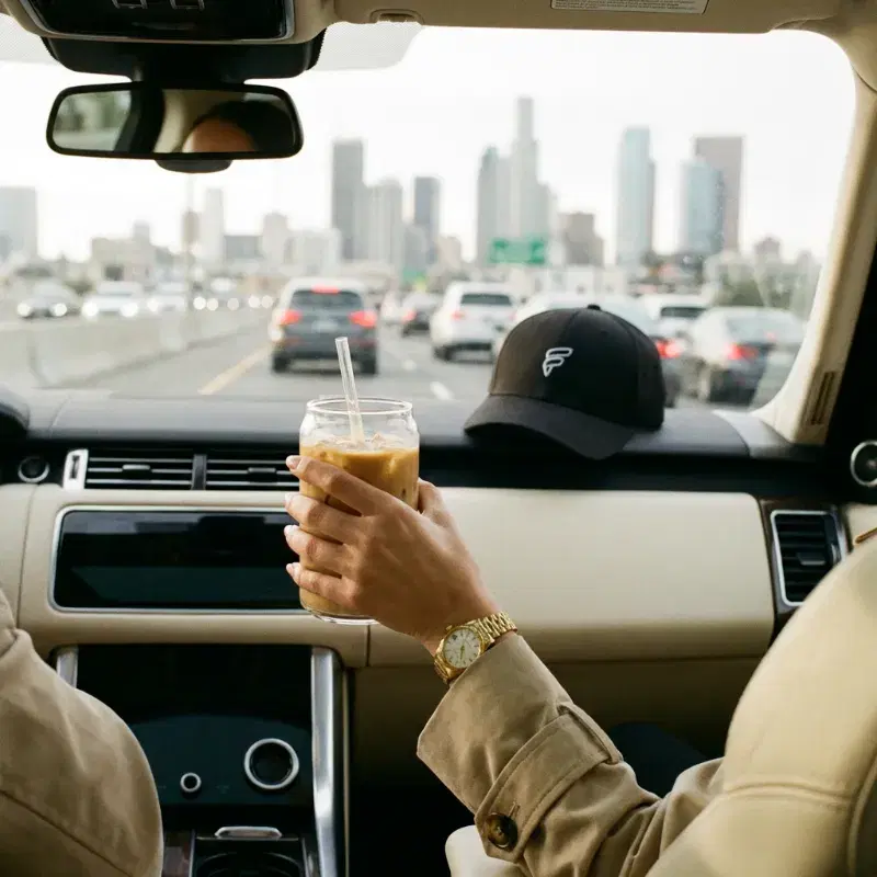 Real Nano Banana Pro Edit (Gemini 3.0) generation: Editorial lifestyle photography shot from the passenger seat of a luxury car with cream le