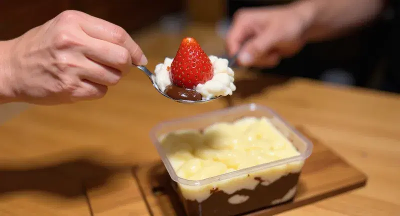 Real Flux Kontext generation: Immersive food photography showing a delicate female hand holding a spoon filled with a de