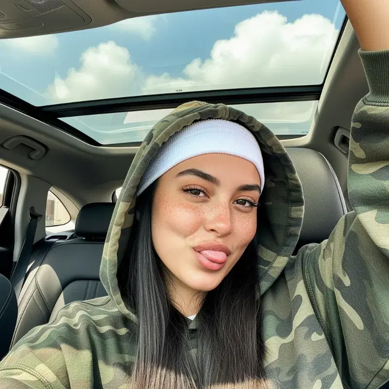 Real Flux 2 Flex generation: Candid iPhone front camera selfie of a young woman sitting inside a car with a panoramic s