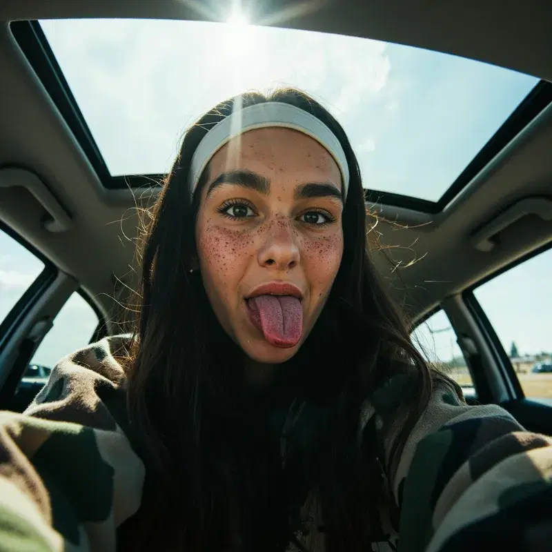 Real MiniMax Image-01 generation: Candid iPhone front camera selfie of a young woman sitting inside a car with a panoramic s