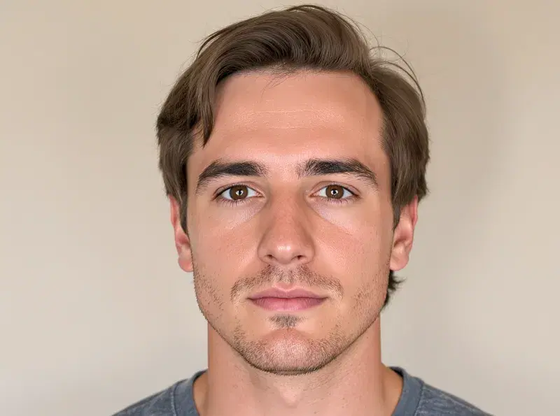 Real Flux Kontext generation: A photorealistic portrait of a European man with thick eyebrows and eyelashes, light reali