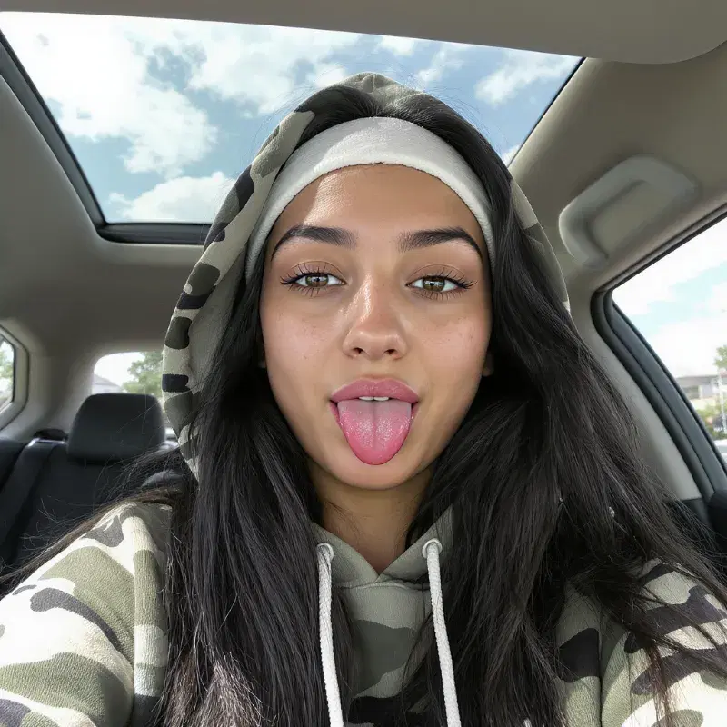 Real Flux Kontext generation: Candid iPhone front camera selfie of a young woman sitting inside a car with a panoramic s