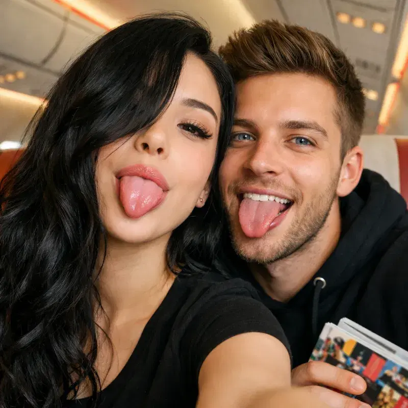Real GPT Image-1.5 generation: an1ta, close-up selfie of two young adults inside an airplane cabin, both playfully sticki