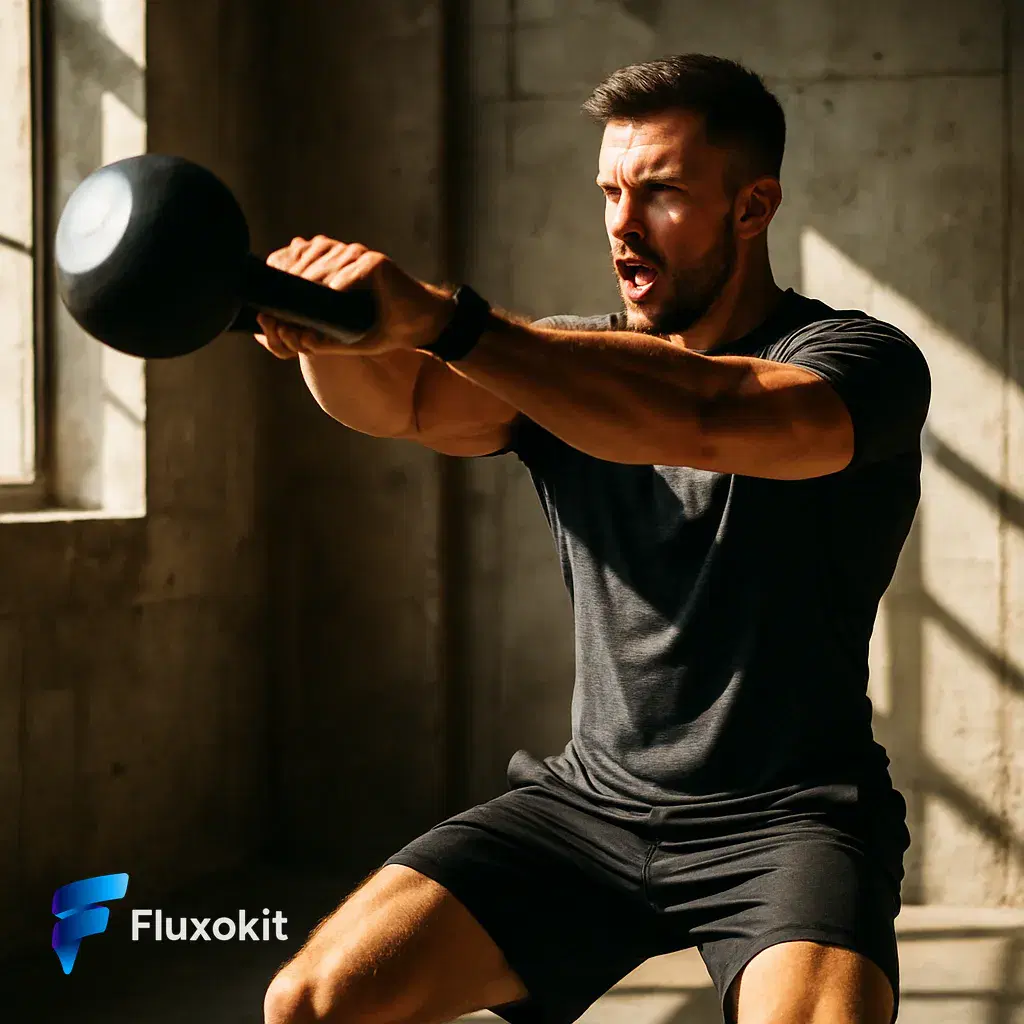 Real GPT Image-1 generation: An athletic coach mid kettlebell-swing in a sunlit concrete gym, frozen motion, bold high-