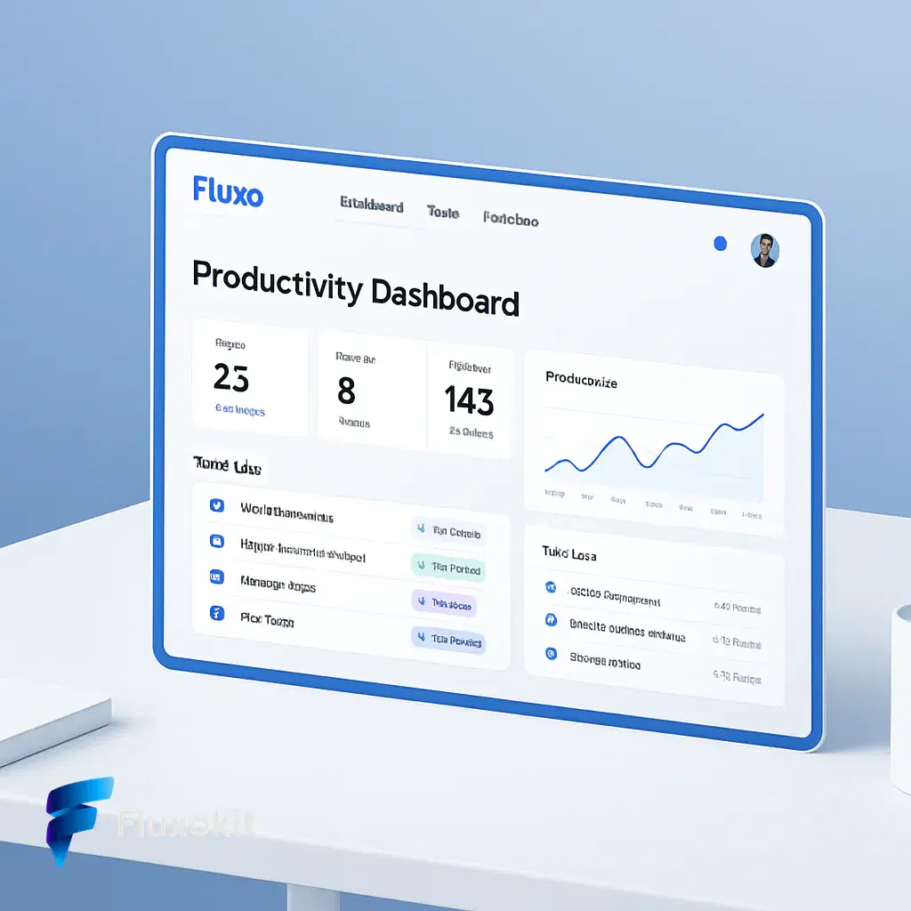 Real GPT Image-1 generation: Clean isometric mockup of the "Fluxo" productivity dashboard floating over a minimalist de
