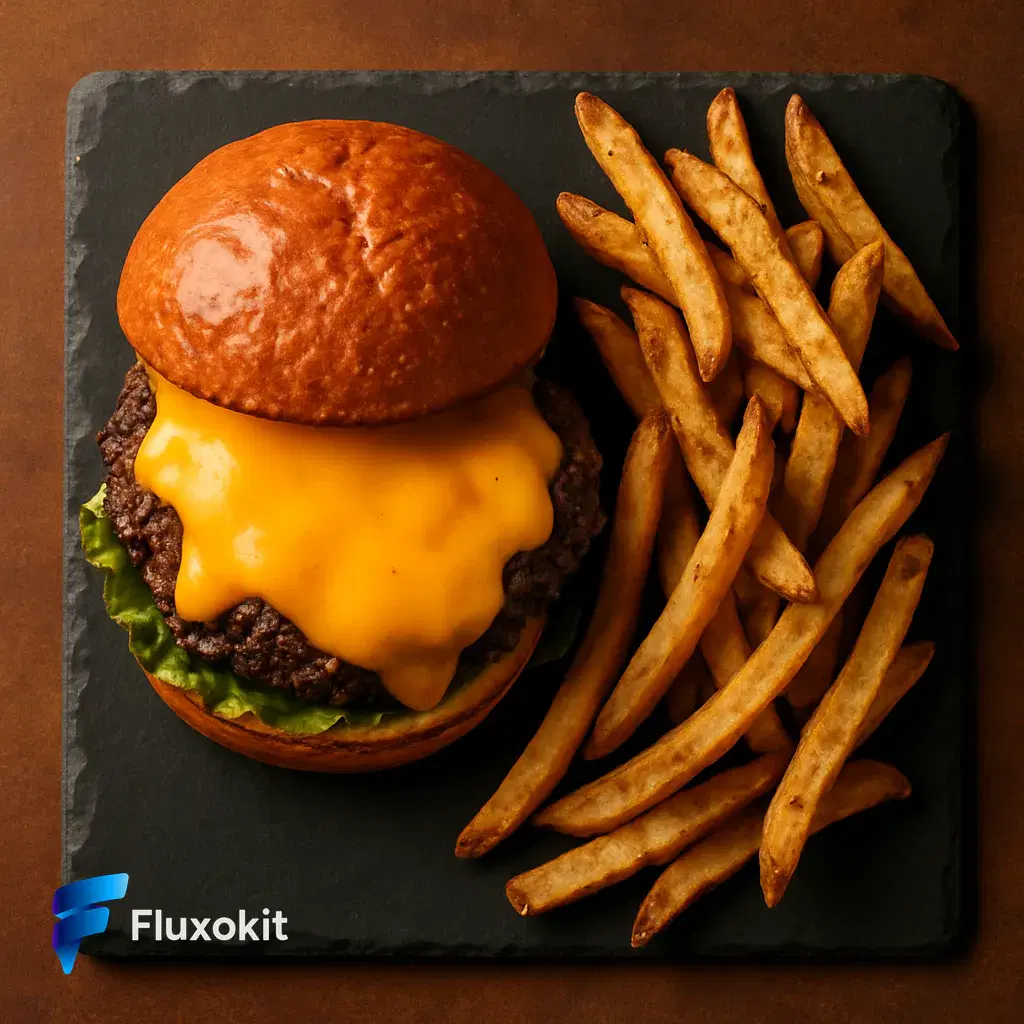 Real GPT Image-1 generation: Overhead flat-lay of an artisan smash burger with melted cheese and rustic fries on slate,