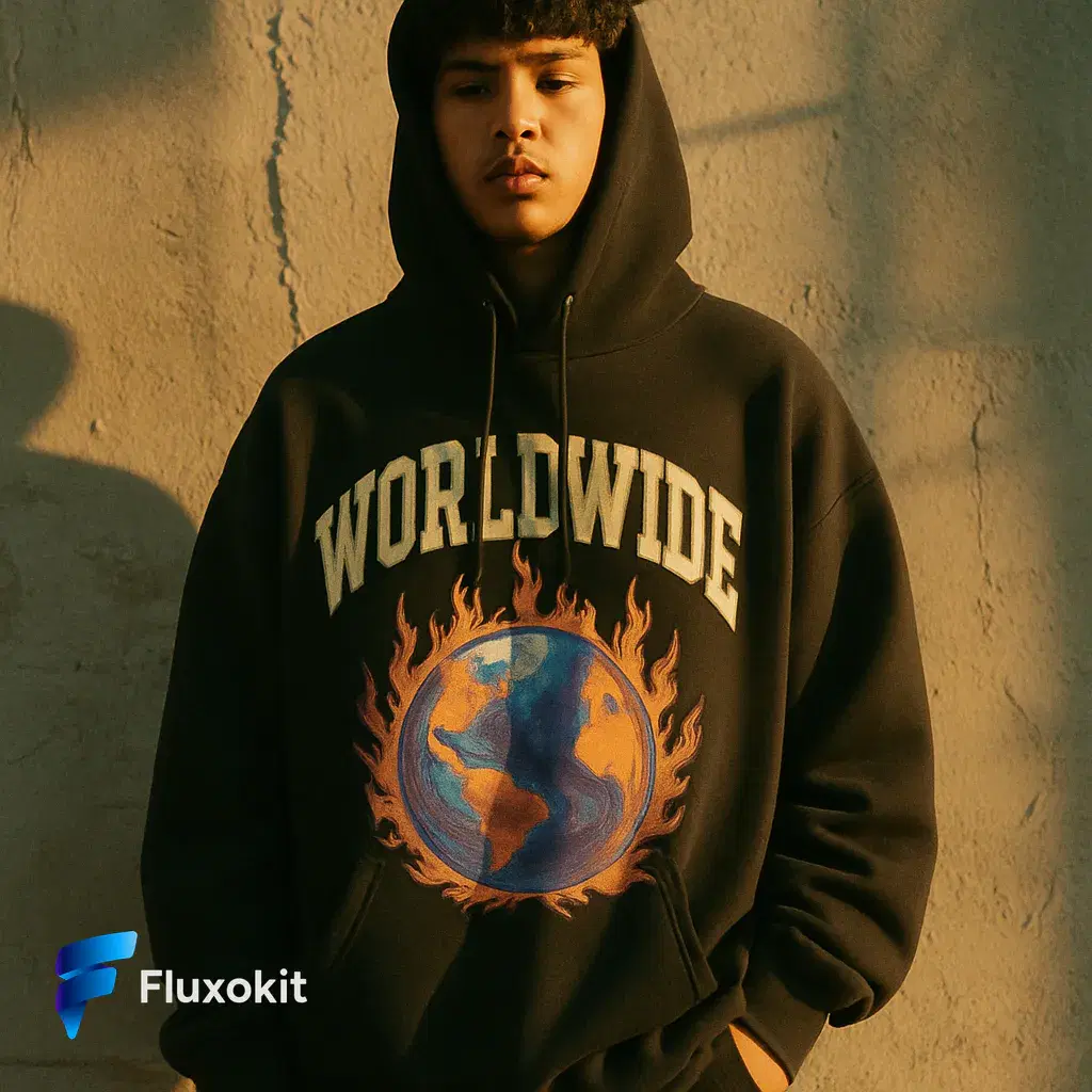Real GPT Image-1 generation: Streetwear lookbook: a model in an oversized graphic hoodie against a painted concrete wal