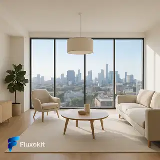 GPT Image-1 - Interior moderno com vista para a cidade, luz natural, anúncio
