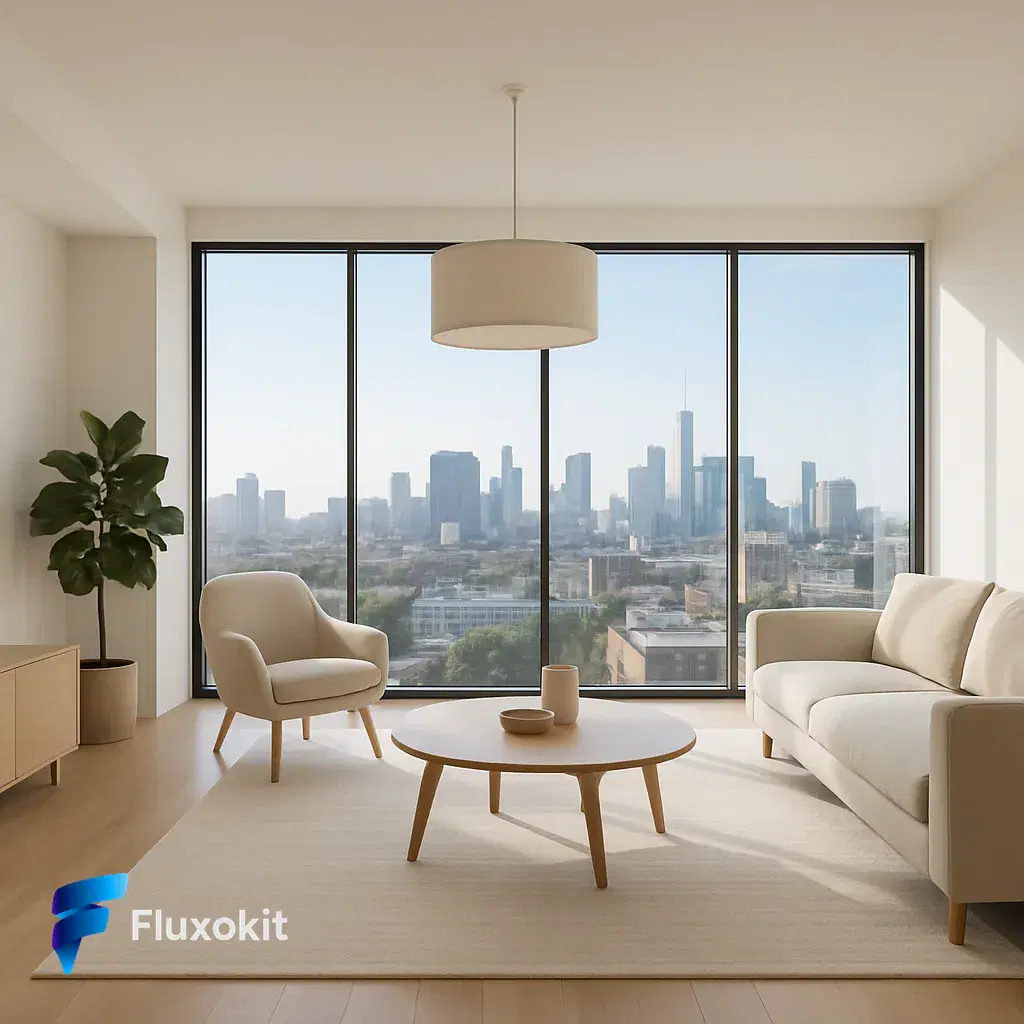 Real GPT Image-1 generation: Architectural interior of a bright modern living room with floor-to-ceiling windows and a 