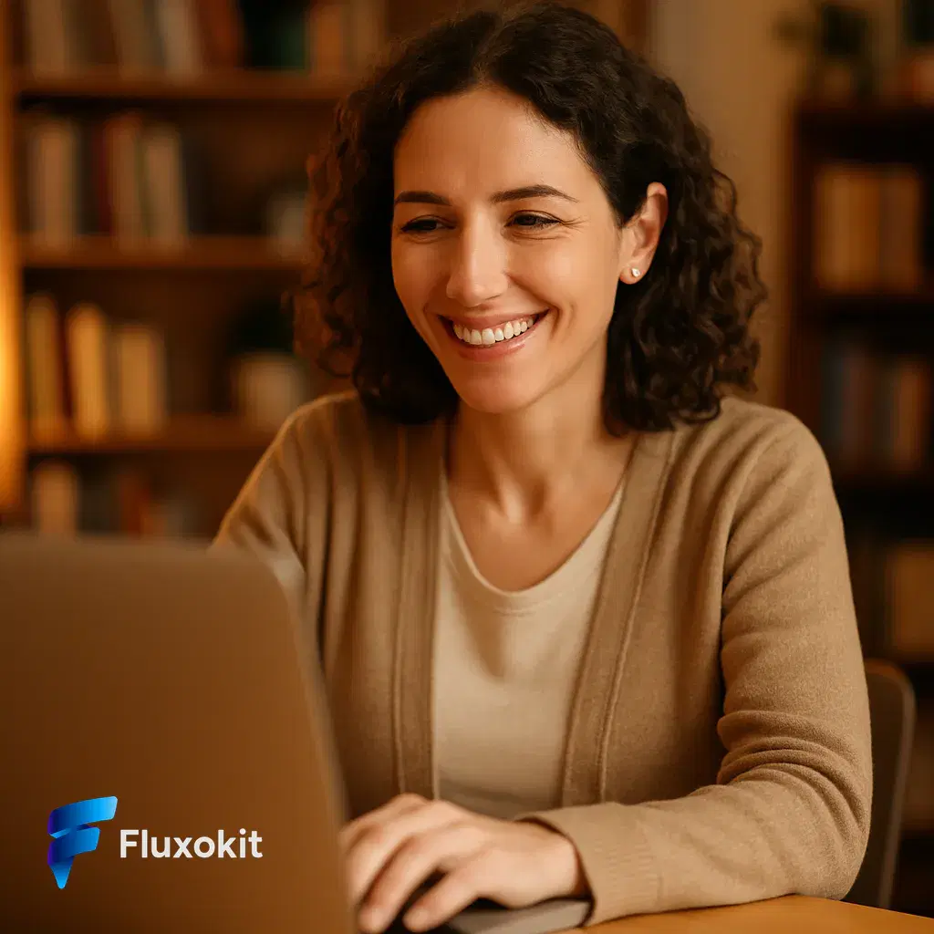 Real GPT Image-1 generation: A friendly educator smiling at a laptop in a warm home office, soft bokeh bookshelf, appro