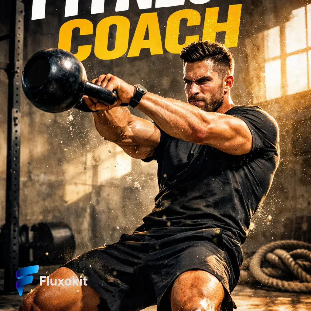 Real GPT Image-1.5 generation: An athletic coach mid kettlebell-swing in a sunlit concrete gym, frozen motion, bold high-