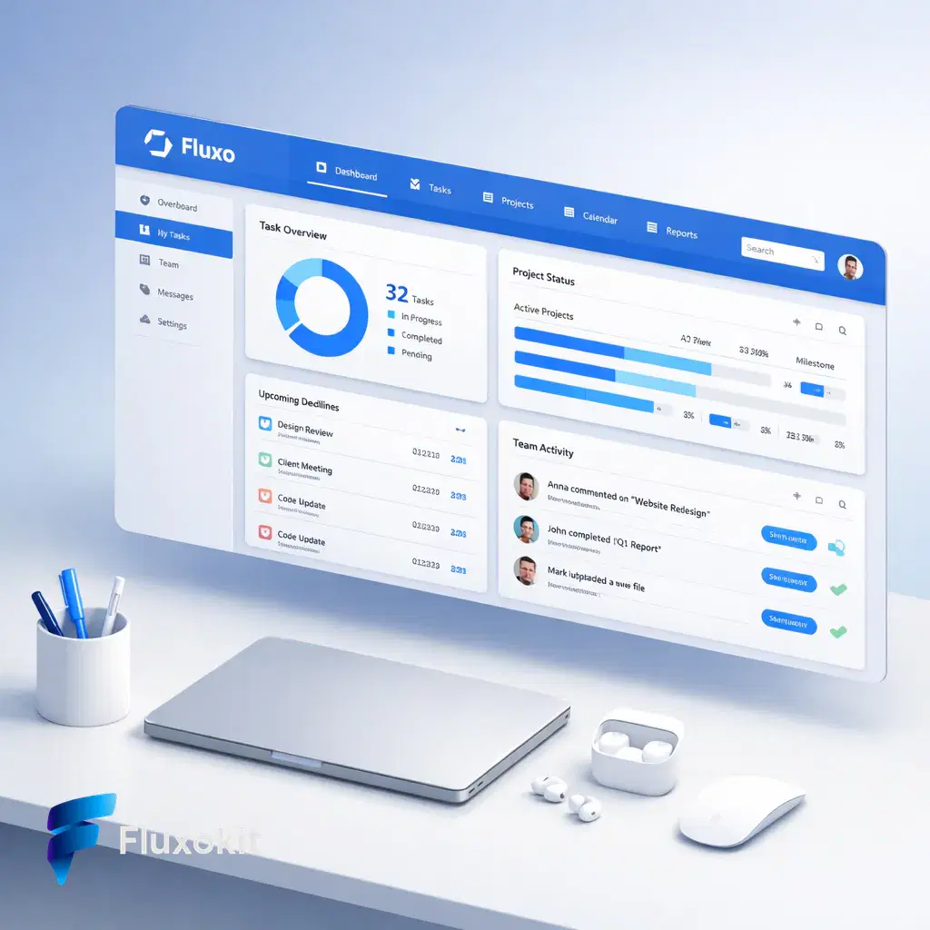 Real GPT Image-1.5 generation: Clean isometric mockup of the "Fluxo" productivity dashboard floating over a minimalist de