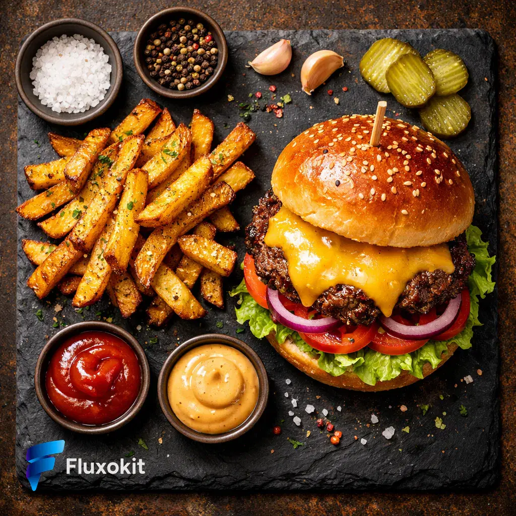 Real GPT Image-1.5 generation: Overhead flat-lay of an artisan smash burger with melted cheese and rustic fries on slate,